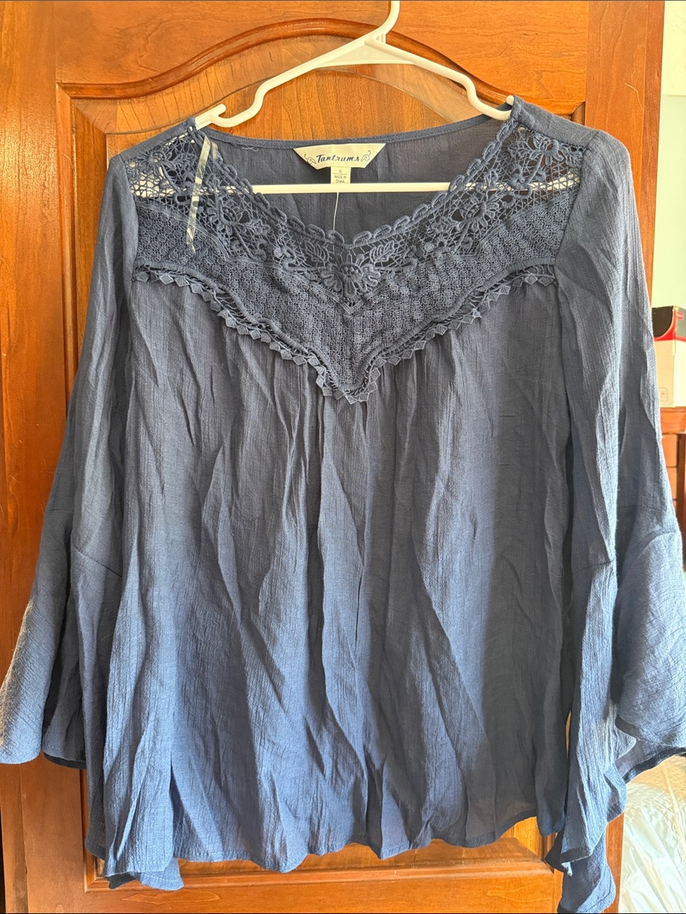 Navy Blue Crochet Yoke Tunic Blouse